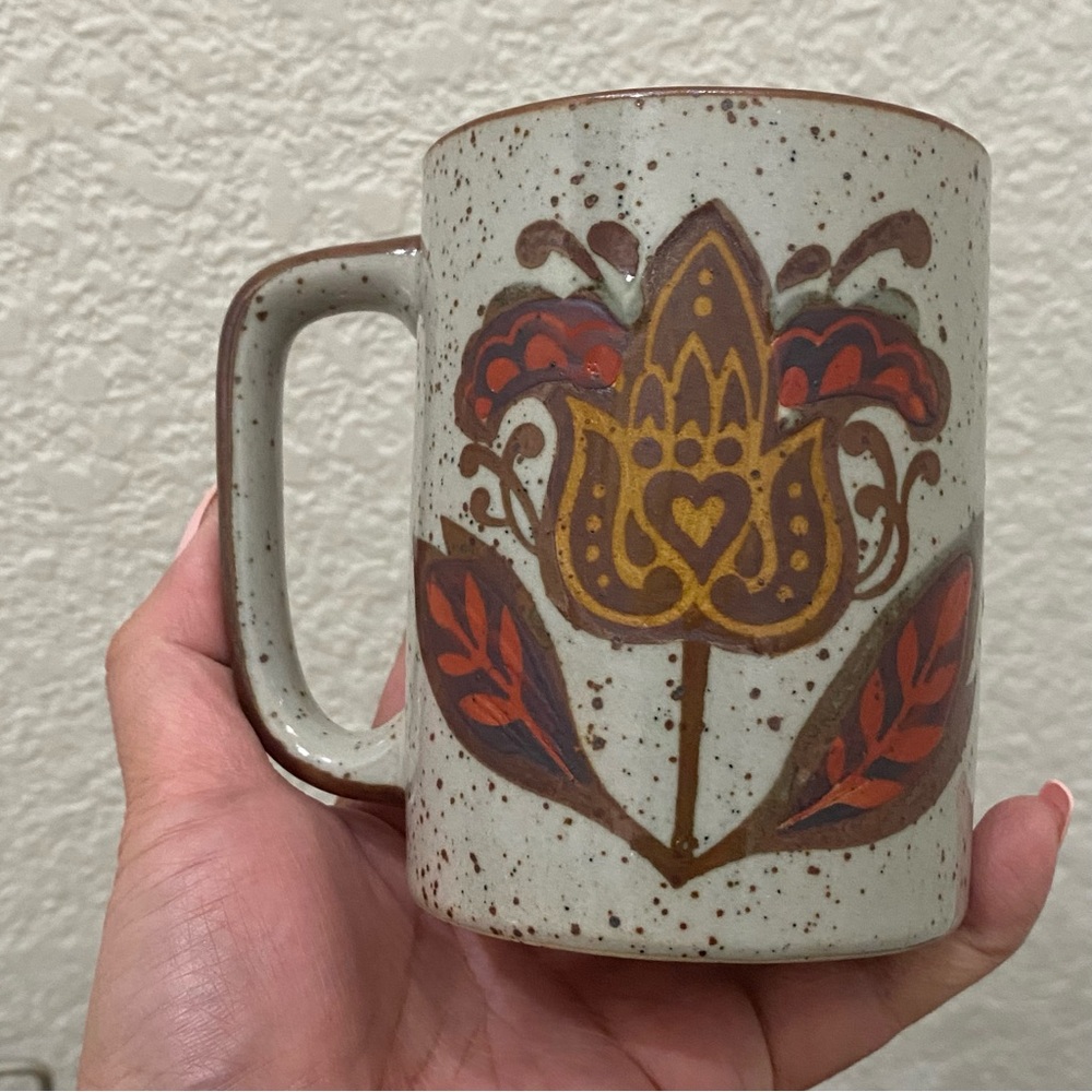Lot 2 Vintage Otagiri Style Speckled Stoneware Rooster & Flower Mugs - Picture 8 of 13